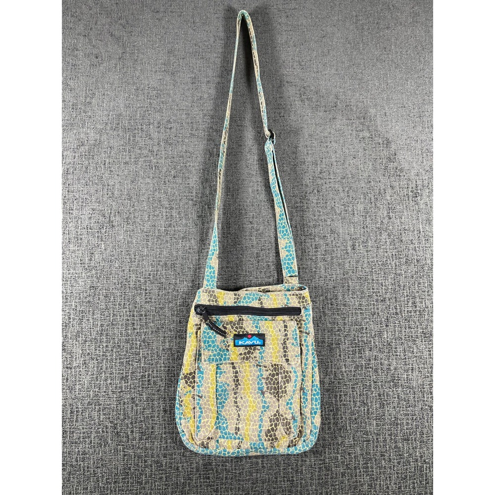 KAVU Keeper Crossbody Bag Blue Yellow Mosaic Reptile Canvas Slim Travel Purse